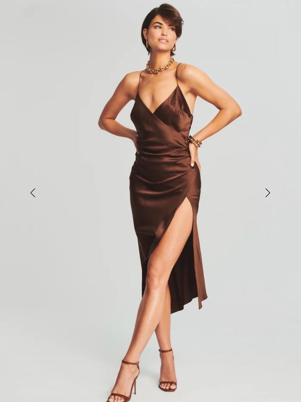 Retrofete Emma Silk High-Slit Slip Dress in Chocolate Brown